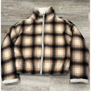 Love &Joy Gray/Brown/White Stripe Sherpa Jacket Sz Small Full Zip StandUp Collar